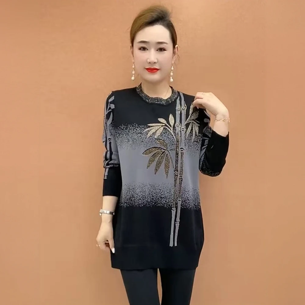 1603中长款妈妈新款洋气圆领针织衫宽松长袖打底衫上衣遮肉大版衫