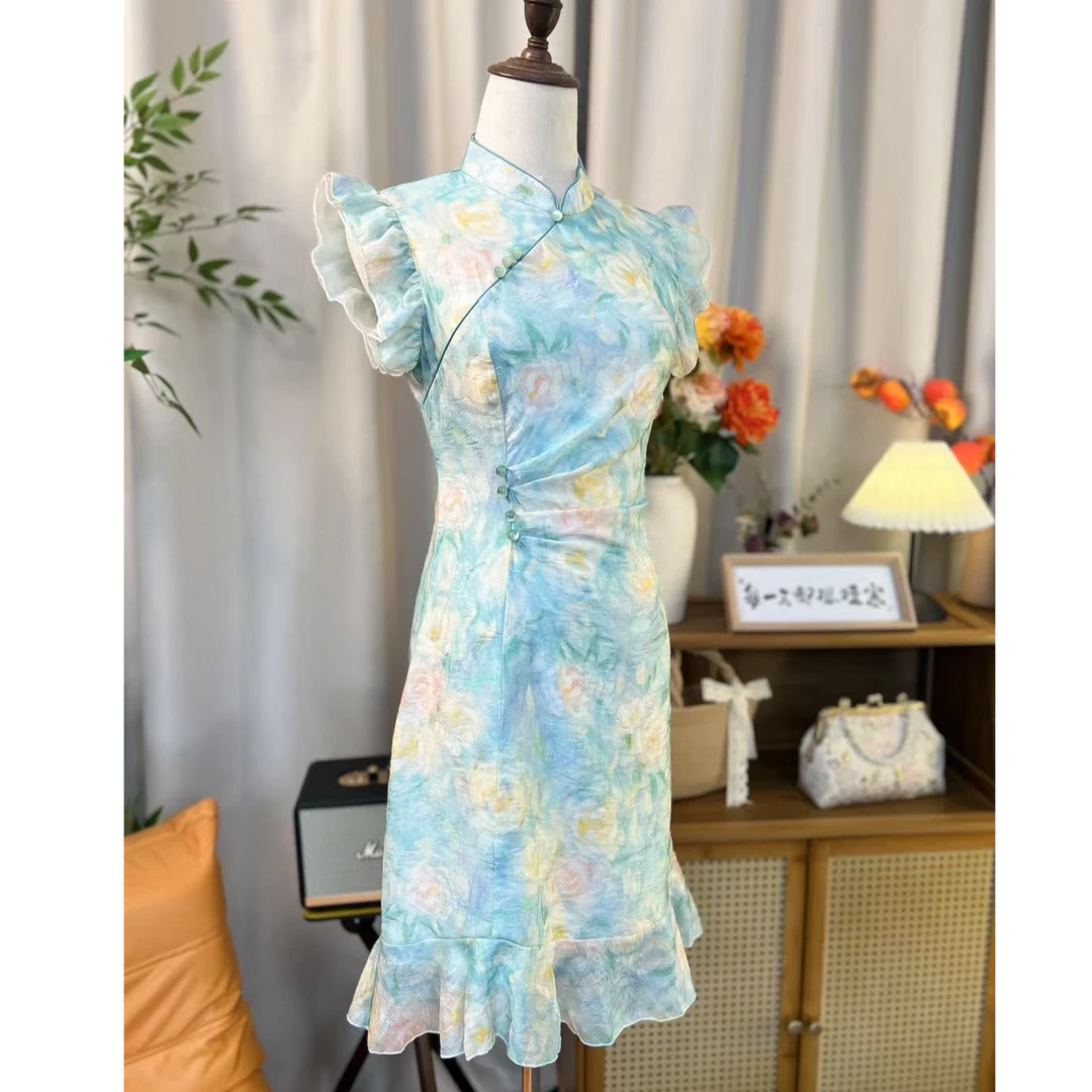 晴曦原创【莫奈】长90人丝夏季新款少女风高品质旗袍