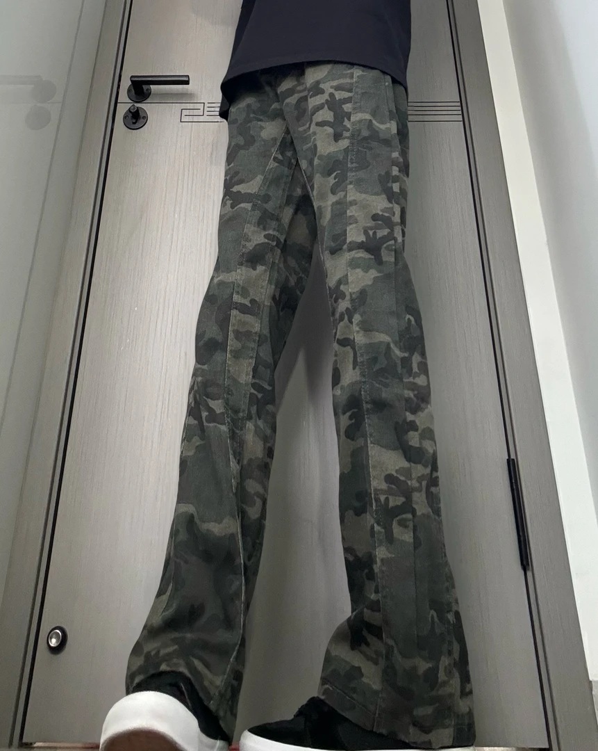 美式复古水洗牛仔裤男女同款春季宽松显高显瘦迷彩