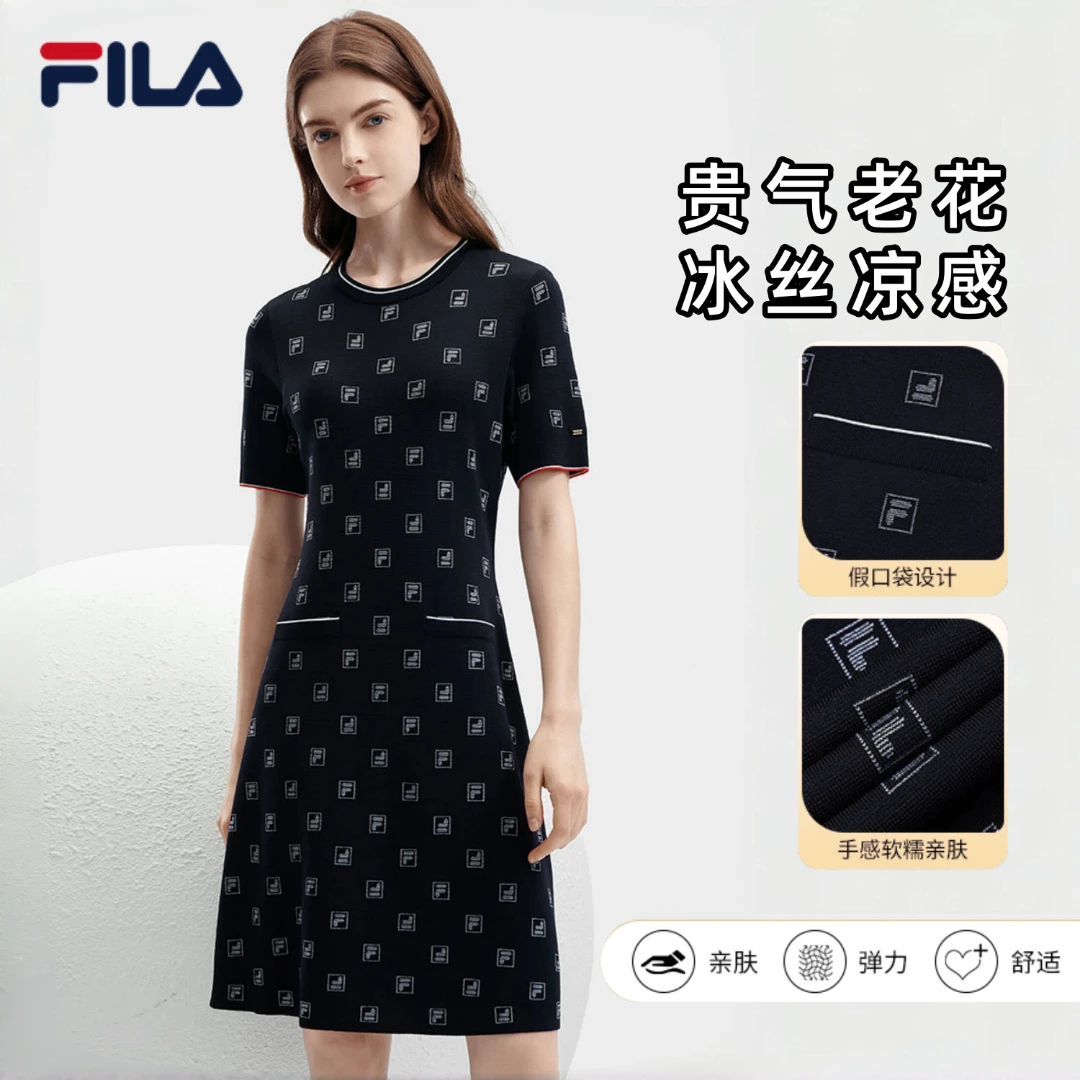 Fila/斐乐女装经典商务气质满印显瘦时尚透气连衣裙  休闲百搭