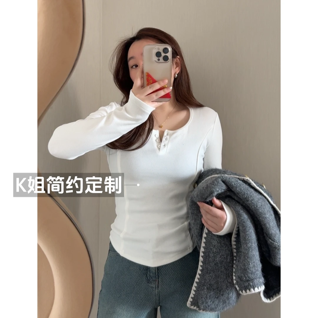 GTNER“KK定制”女新春款简约时尚百搭修身马蹄领长袖显瘦t恤D1710