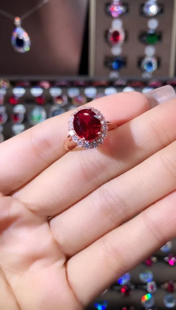 银S925镶嵌戒指红宝石810玫瑰金酒红