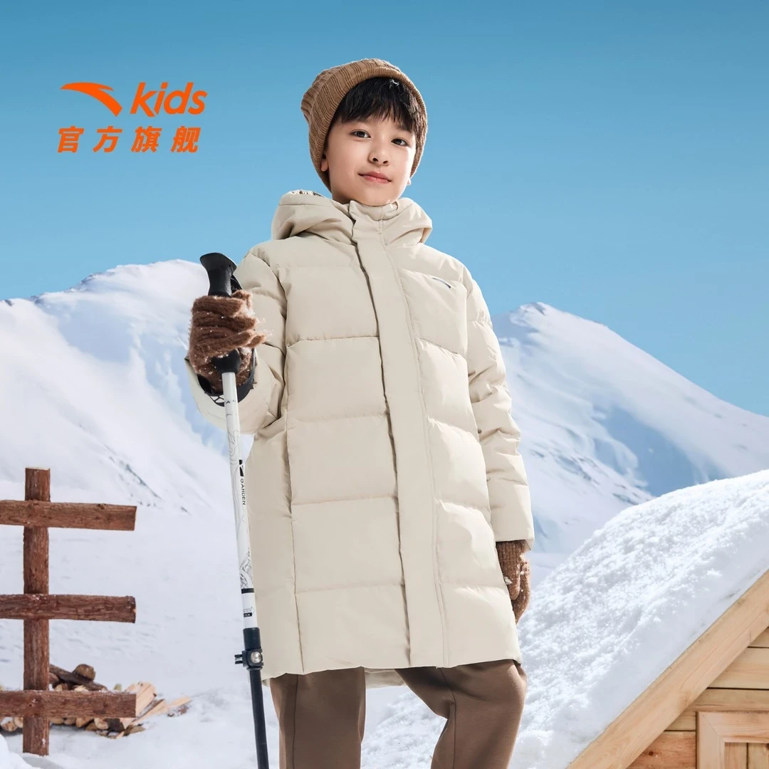 安踏儿童男大童中长羽绒服2026新年中长款防风加厚保暖连帽外套冬