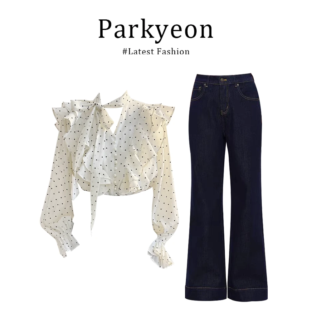 parkyeon法式甜美系带荷叶边衬衫女早秋搭配宽松显瘦牛仔裤两件套