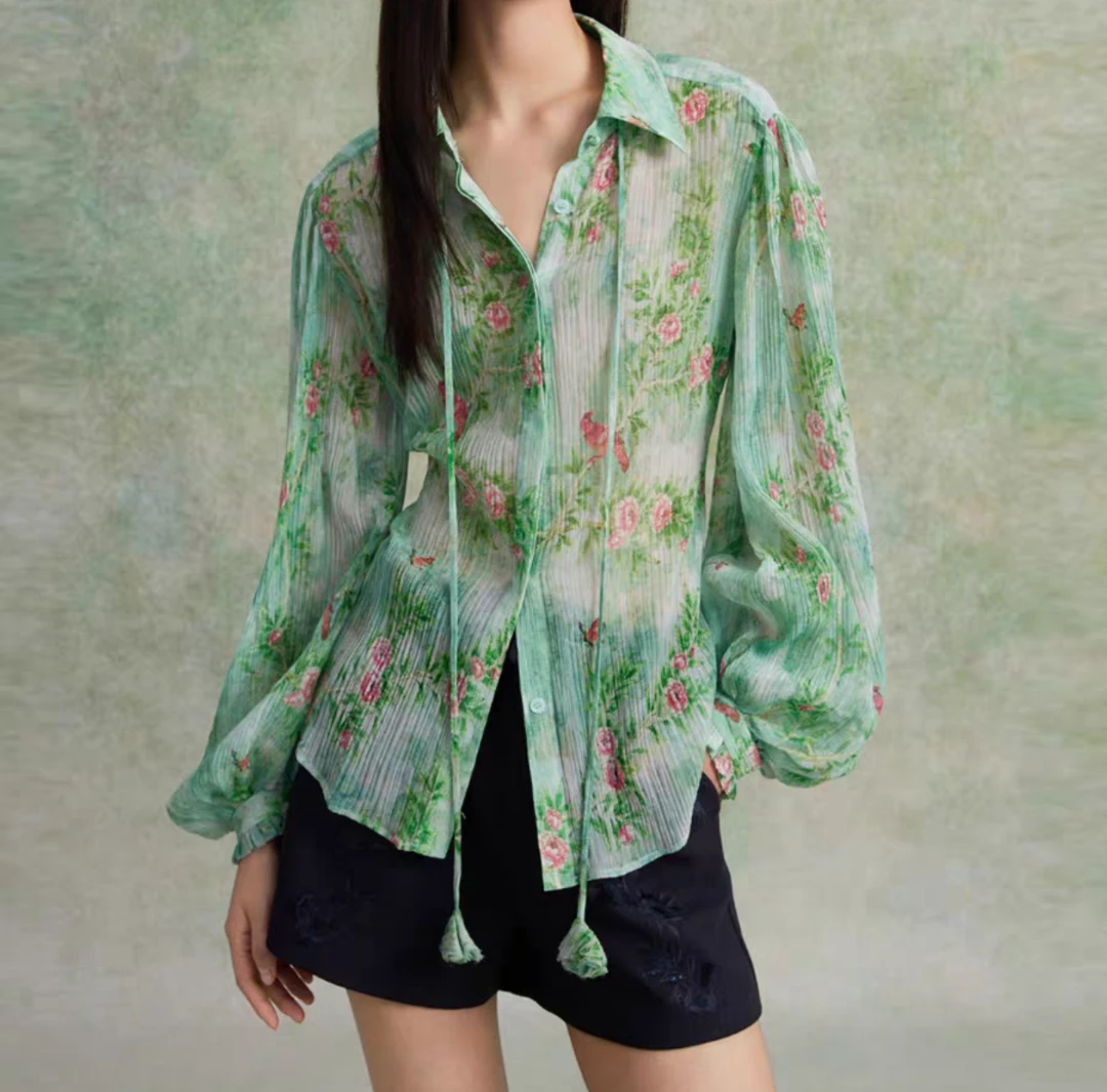十二花神印花绑带真丝衬衫新款明星同款上衣