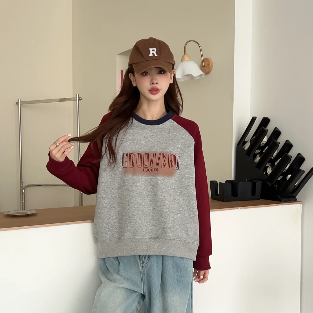 Y291秋季新款韩版时尚百搭休闲女士撞色印花字母卫衣25-158