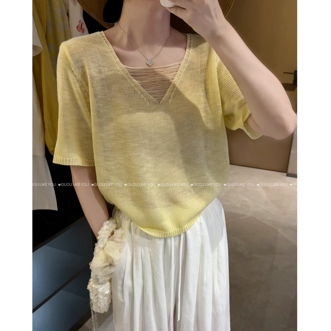 【古古】超值得入手的高品苎麻天丝V领夏季小设计针织上衣 G25535
