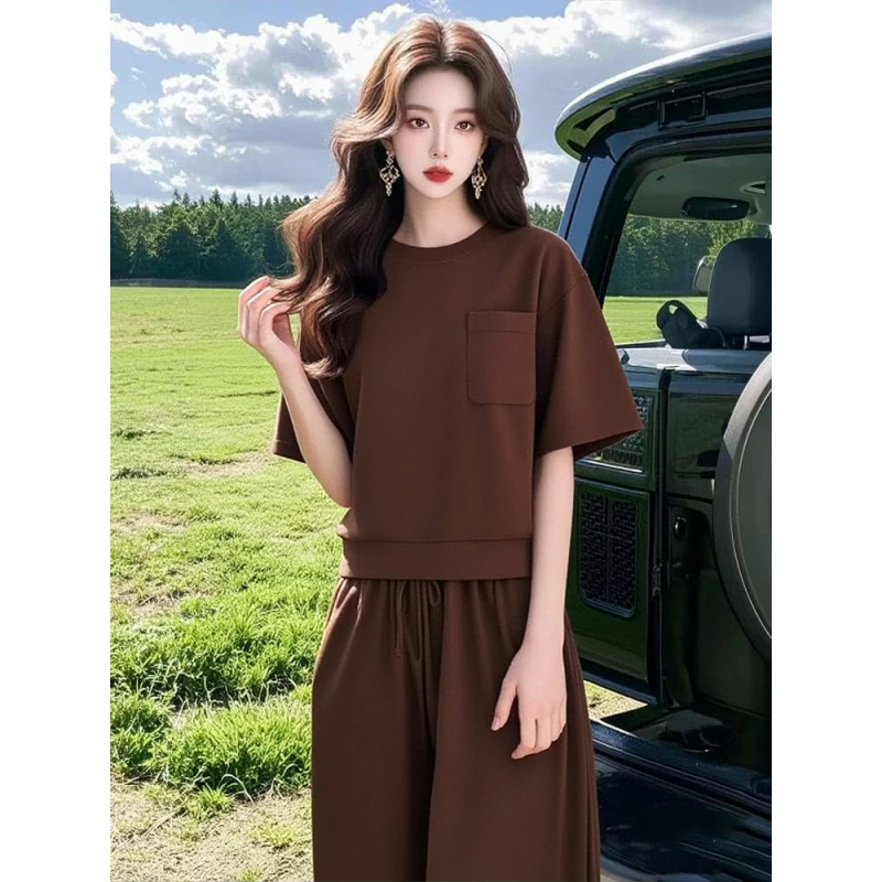 2025年新款夏季短袖显白休闲高级感咖色舒适运动套装时尚宽松舒适