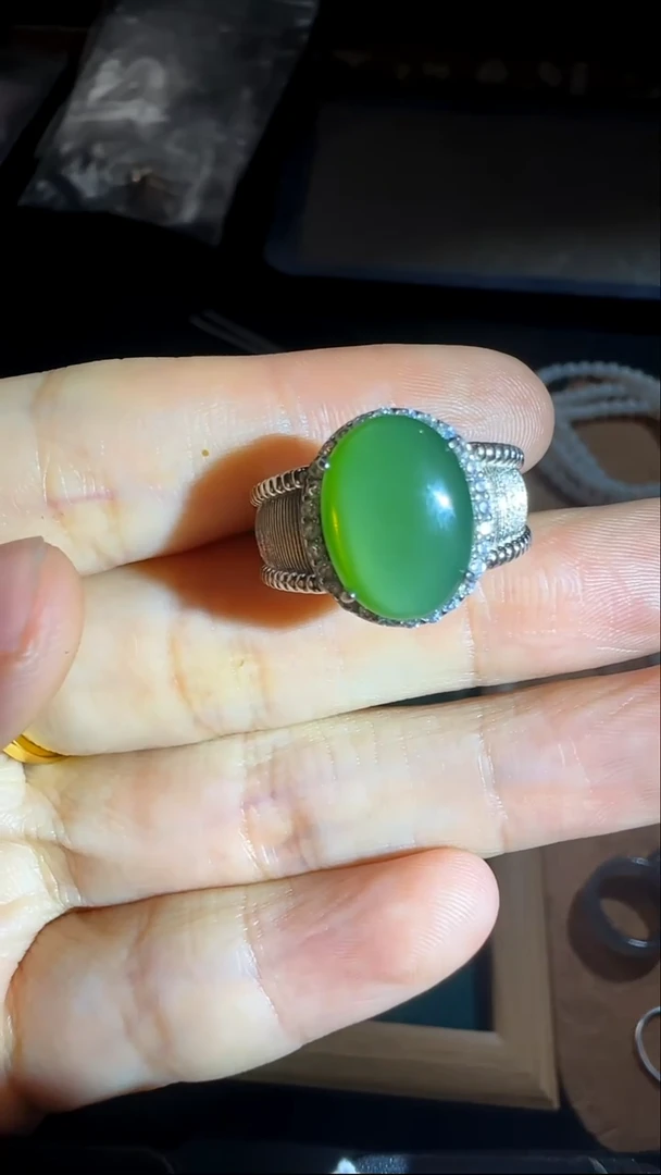 银S925镶嵌戒指和田玉和田玉碧玉猫眼开口戒