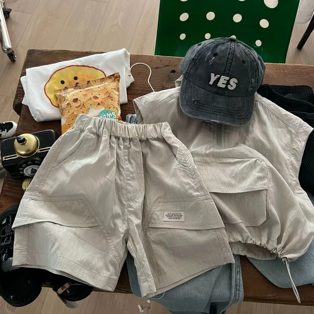 男童时尚炸街套装2025年夏季儿童小男孩帅气连帽无袖上衣短裤子潮