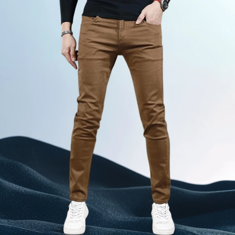 巴赛娜缇秋冬棕色加绒加厚牛仔裤男款修身小脚弹力新款休闲男裤子