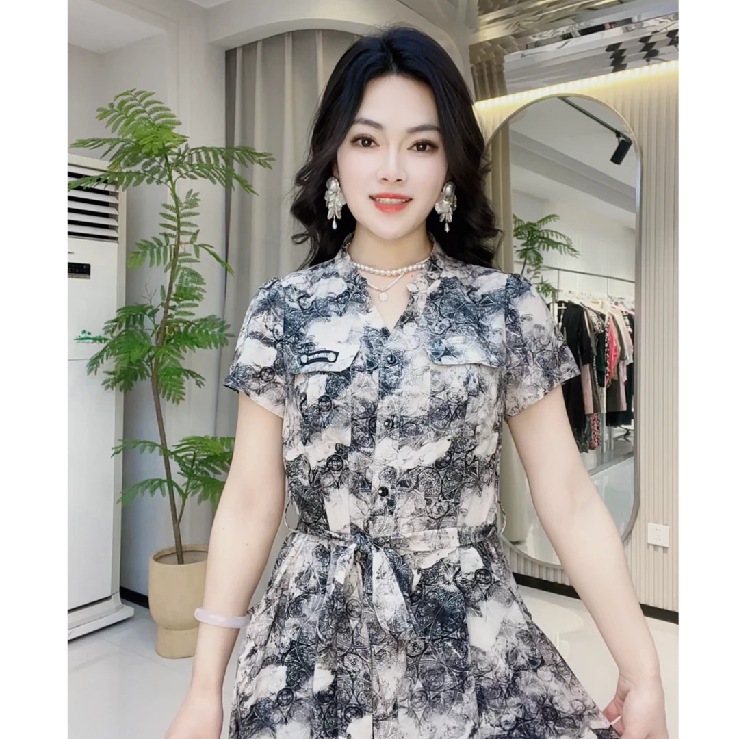 [依百万]170立领夏季中长裙连衣修身优雅显瘦女装印花复古裙碎花