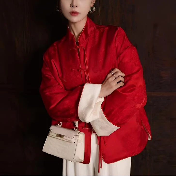 南油高货醋酸花萝夹棉厚款新中式轻奢红色唐装棉服秋冬外套双面穿