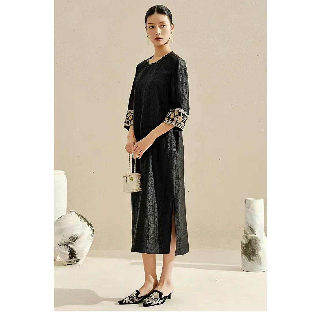 重磅真丝香云纱连衣裙女短袖长袖宽松高端气质桑蚕丝龟裂纹女士裙