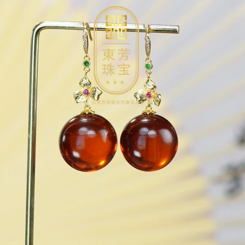 東芳珠宝-20mm缅甸天然琥珀耳环血珀耳钩S925时尚气质百搭珠宝