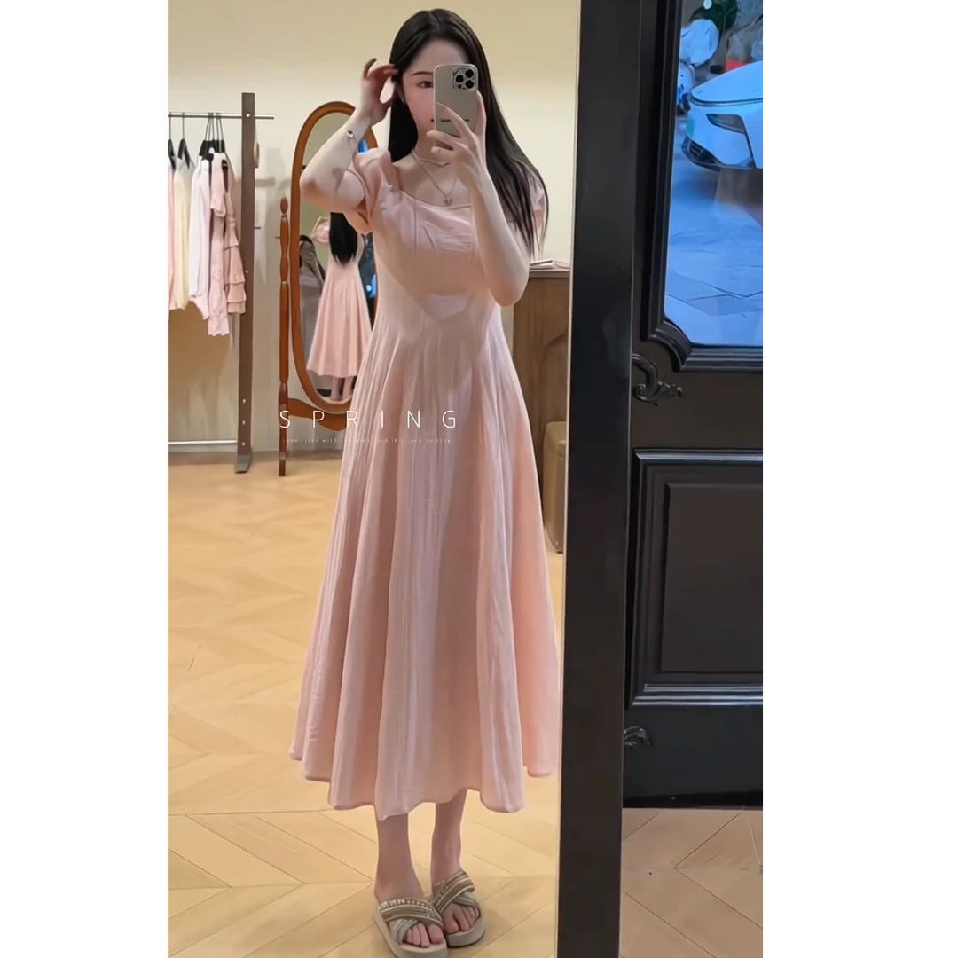 法式温柔风方领泡泡袖收腰a字连衣裙女夏季超好看独特漂亮掐腰裙