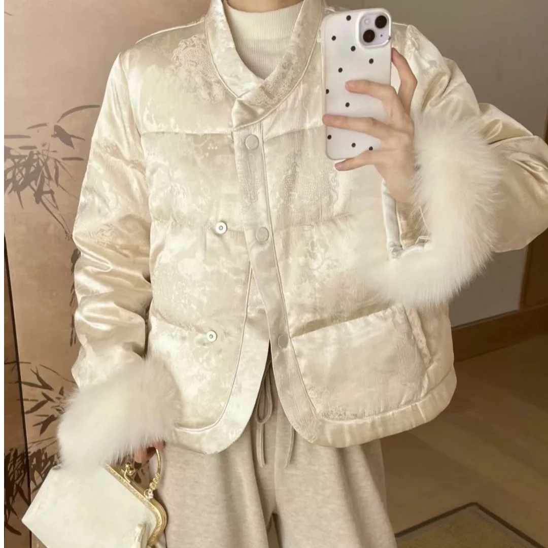 【QingQi】233款新中式国风提花立领冬季新款重工浮雕棉外套棉花