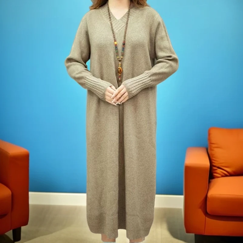 【新商福利】秋冬季新款剪刀领针织妈妈长裙毛衣裙中年宽松显瘦加