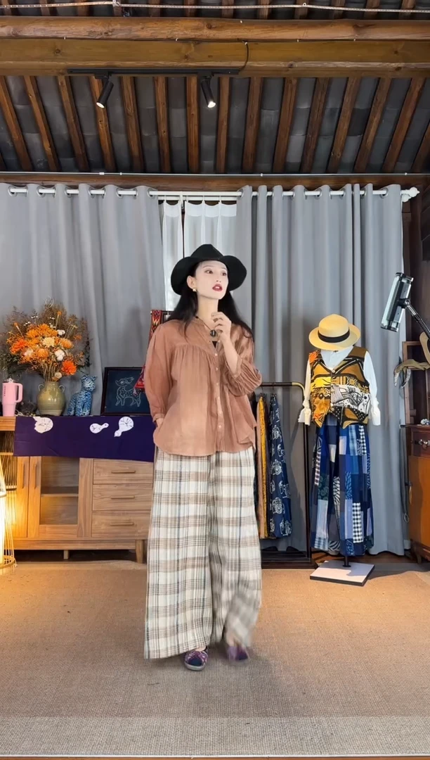 设计师款格子阔腿裤