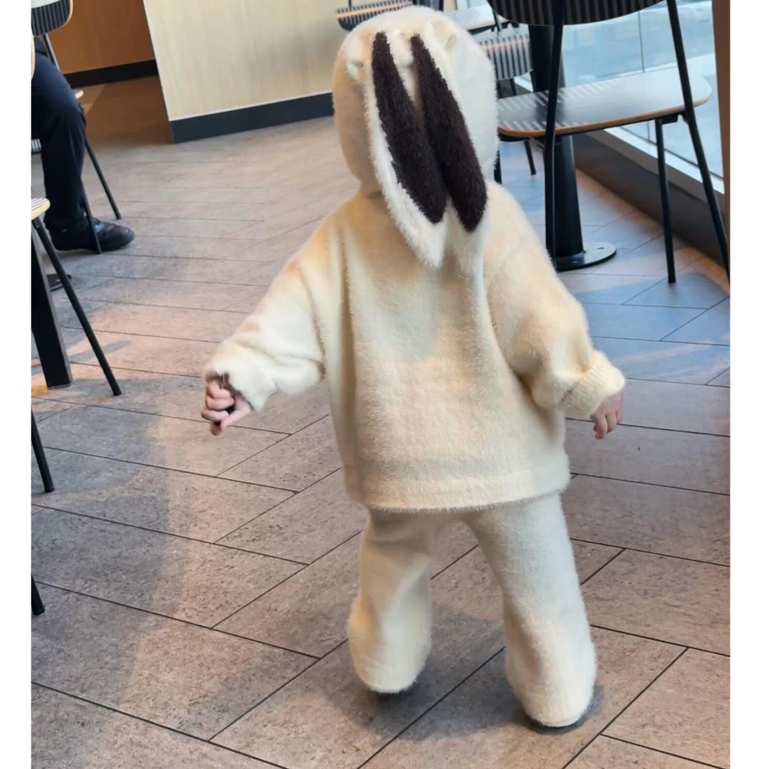 甜小七2025冬季新款韩版可爱兔耳朵连帽上衣纯色裤子家居服套装