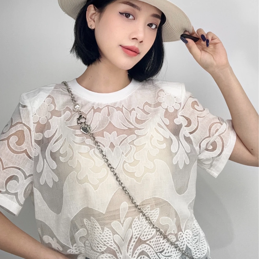 190#欧货2025夏百搭圆领短袖刺绣蕾丝T恤女洋气减龄休闲短款上衣