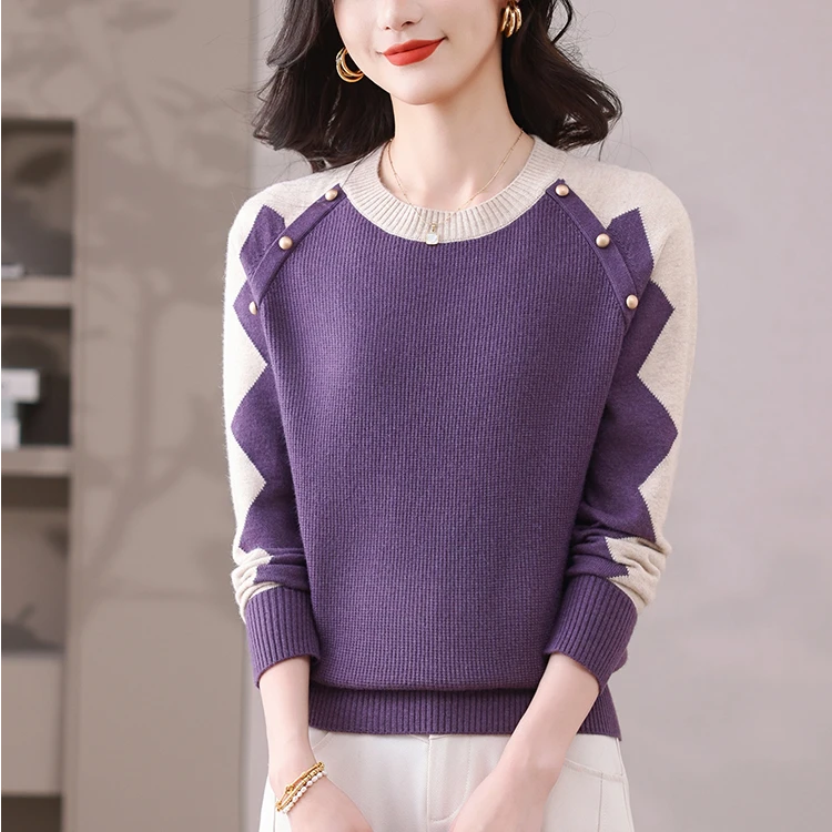 2025春季新款圆领宽松显瘦时尚百搭长袖洋气撞色针织衫d138