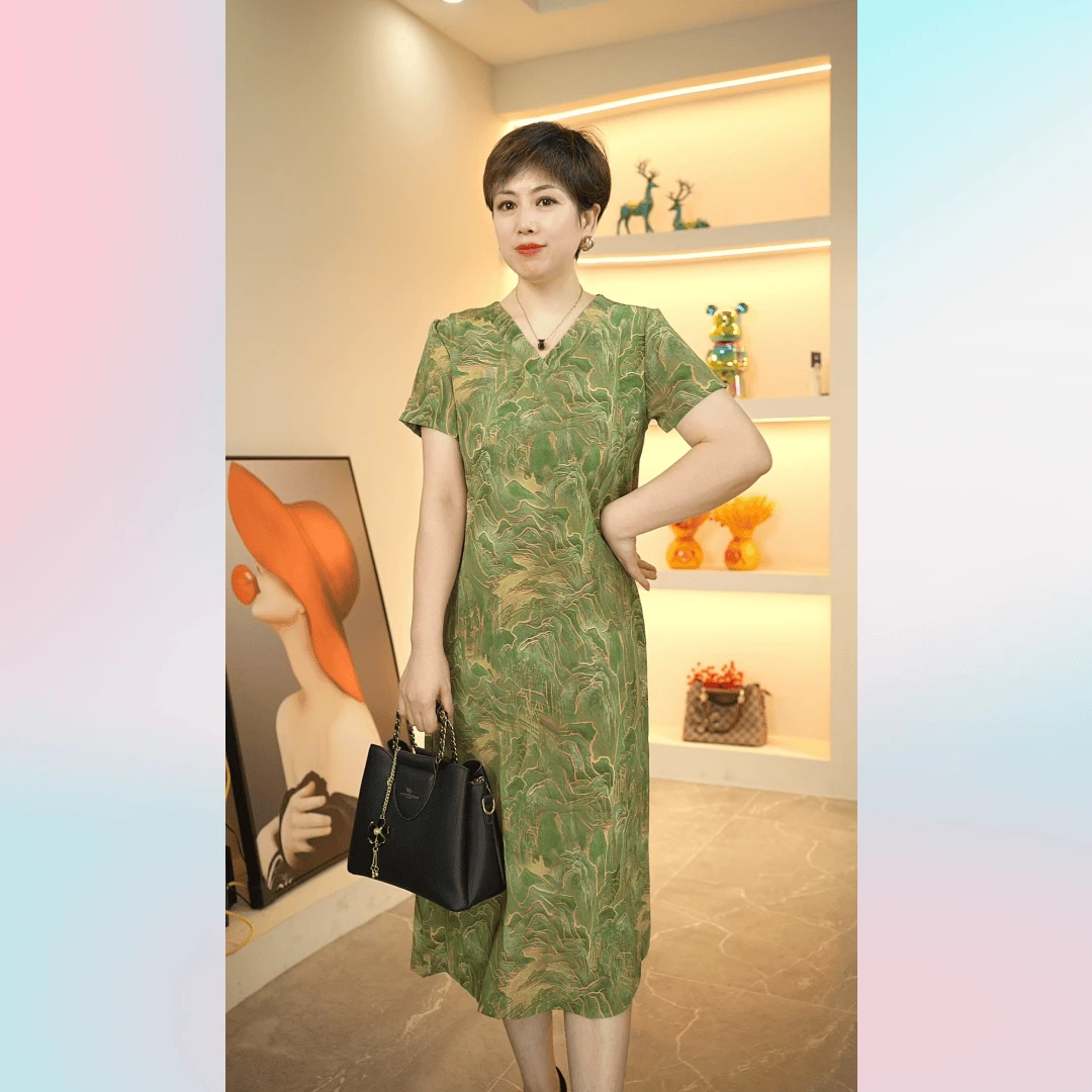 夏季新款遮肉显瘦绿色江山图气质时尚妈妈装连衣裙