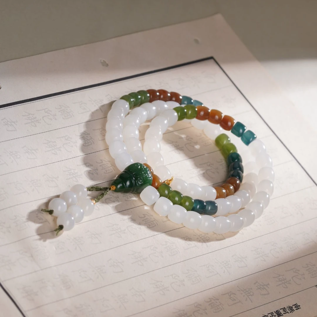 天然和田玉羊脂白多圈手串楼兰三色设计款—多样性发其一8mm