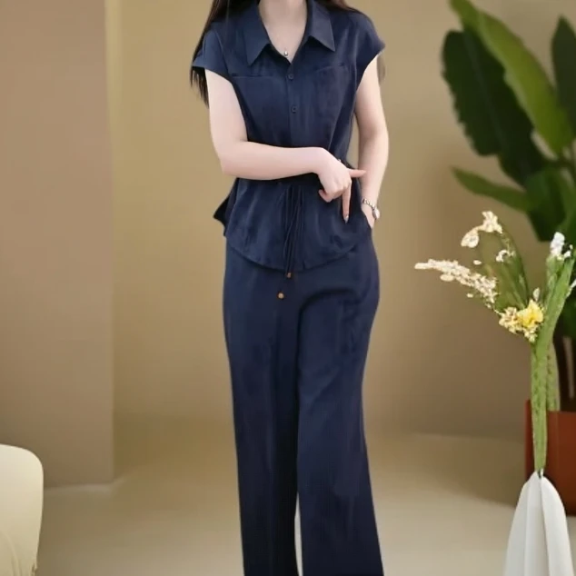 夏季女装两件套气质显瘦洋气减龄时尚优雅收腰遮肉简约套装抽绳款