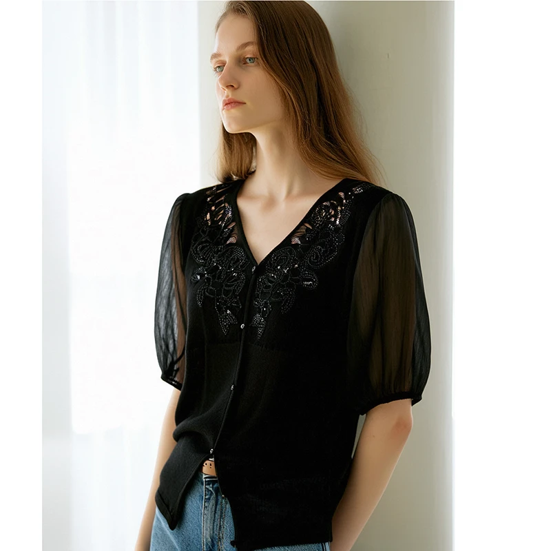 春夏新款V领气质T恤上衣 绮1510C