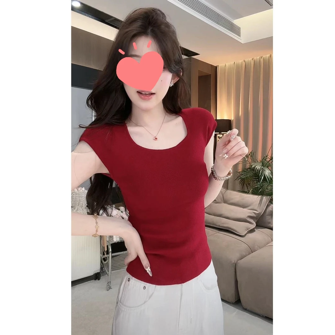 基础纯色辣妹方领针织短袖T恤女装2025夏季新款气质修身显瘦上衣