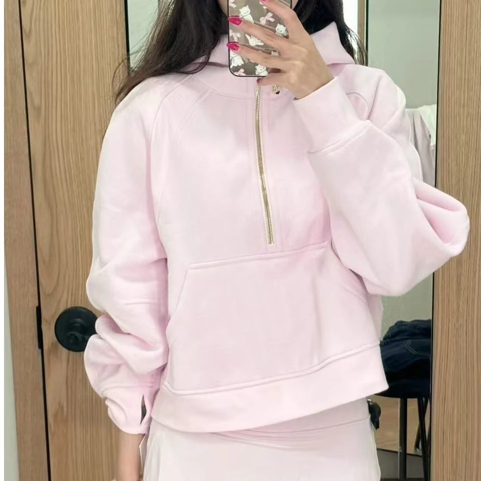 lulu同款scuba短款宽松半拉链粉色卫衣女休闲烟囱立领瑜伽服外套
