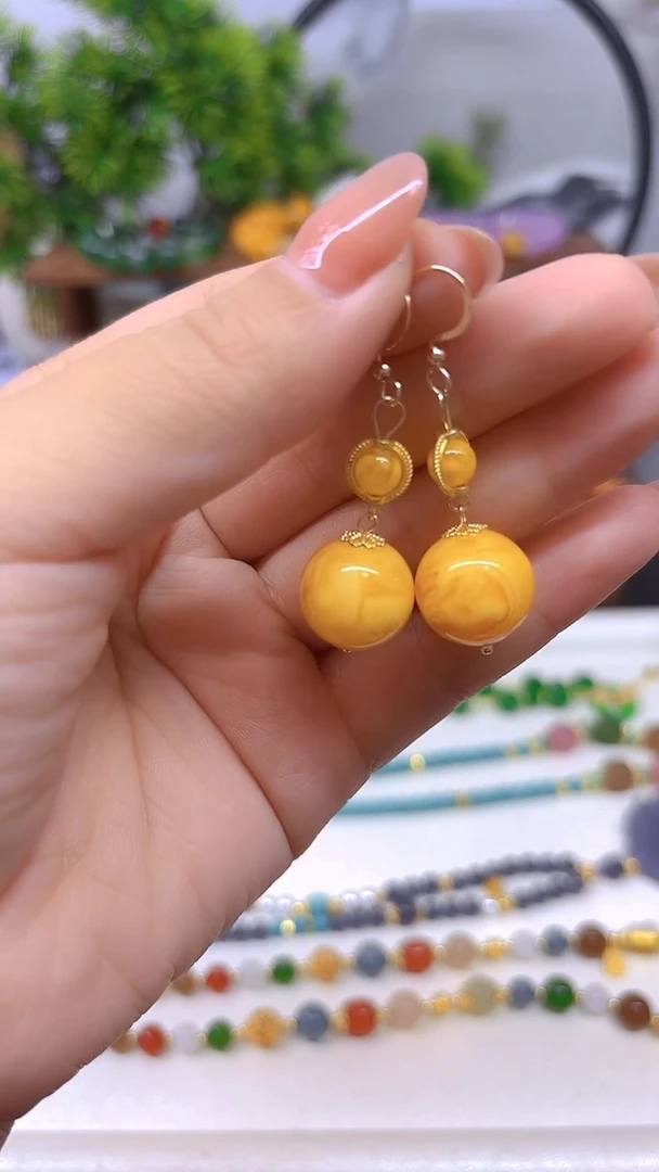 蜜蜡14K金镶嵌耳饰E496