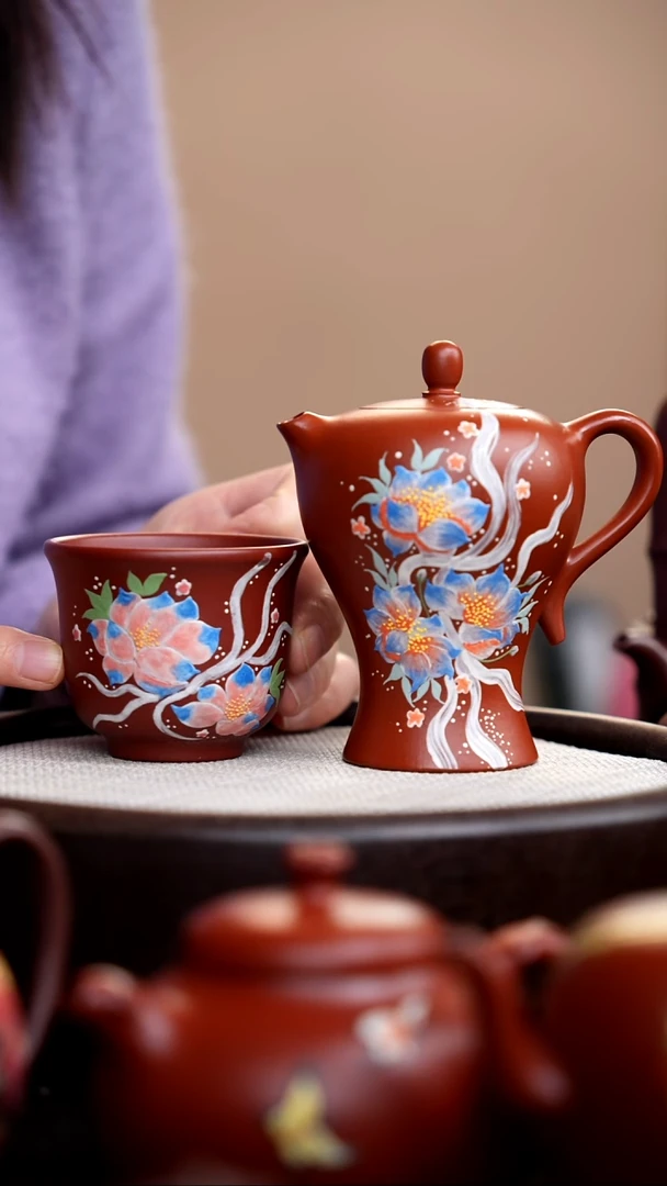 茶壶紫砂朱泥小蛮腰泥绘三花+杯012