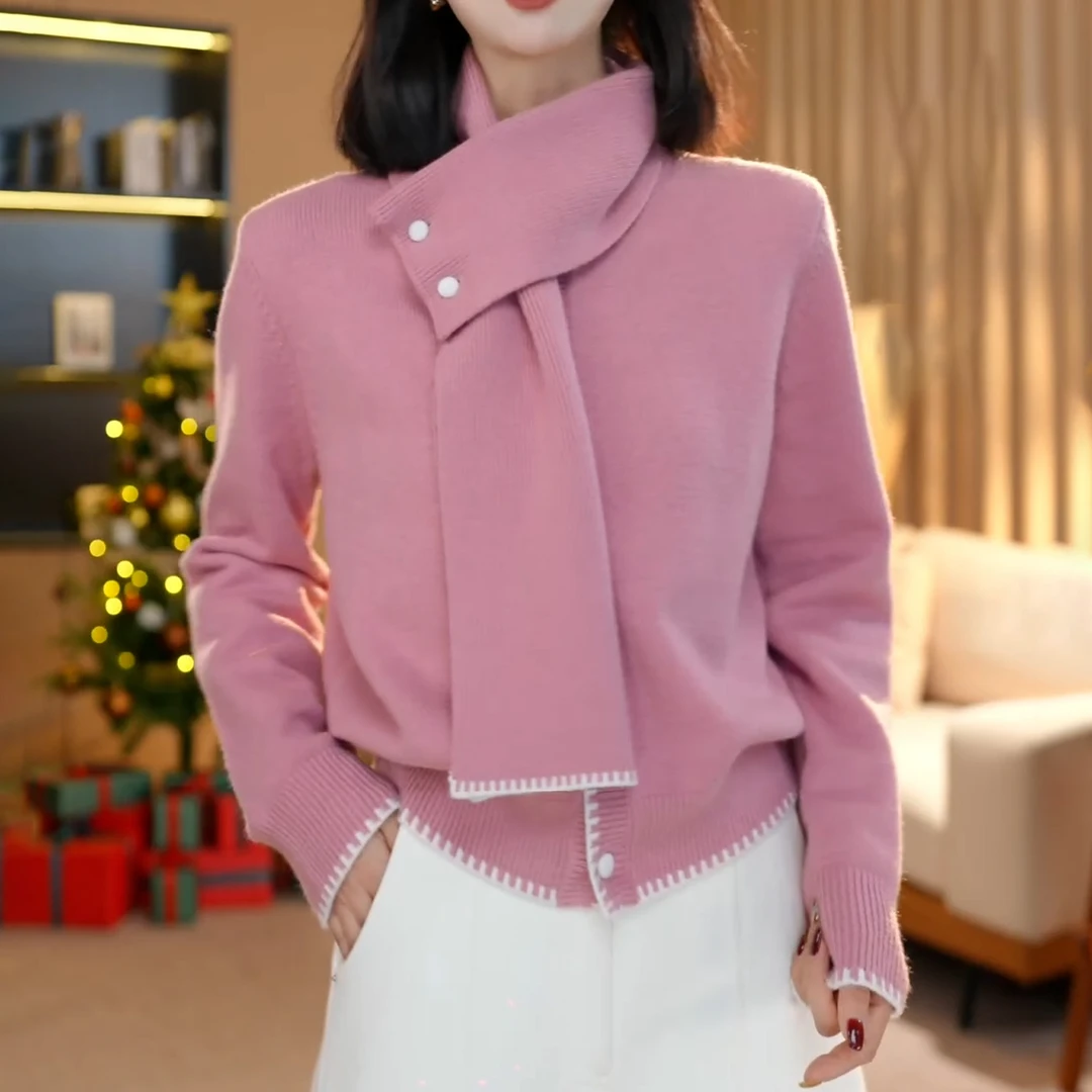 撞色牙边活动围巾针织开衫女2025冬季新款设计感减龄显瘦长袖上衣