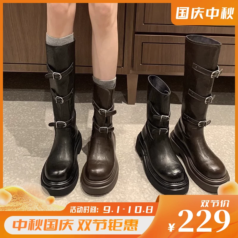 扣子靴时髦皮带扣圆头厚底百搭短靴骑士靴加绒长靴