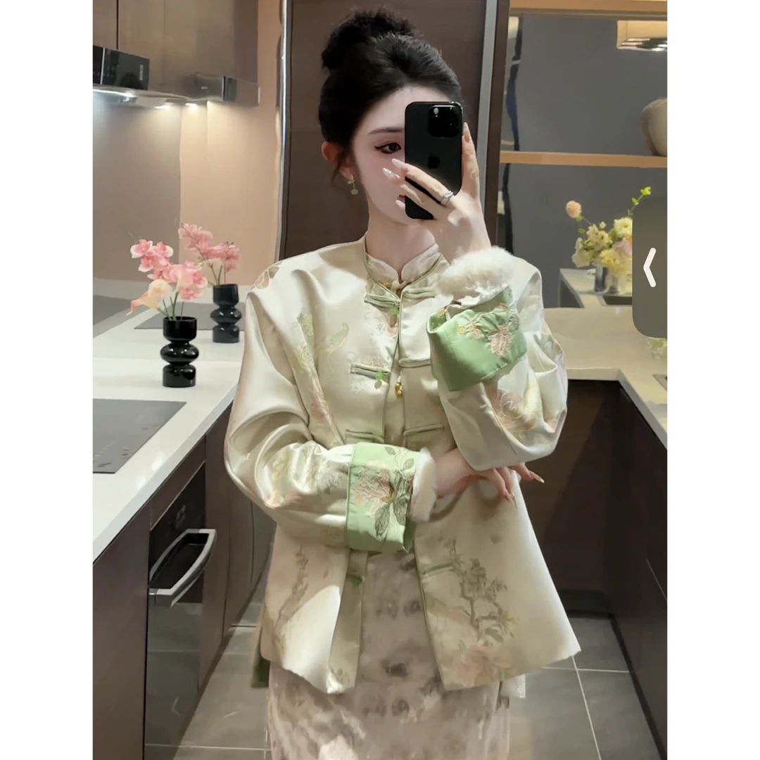 【周粥】【繁花似锦】新中式刺绣双面缎加厚盘扣上衣C4SY4707繁花