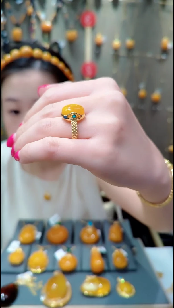 蜜蜡银S925镀金镶嵌戒指﹣A655蜜蜡戒指