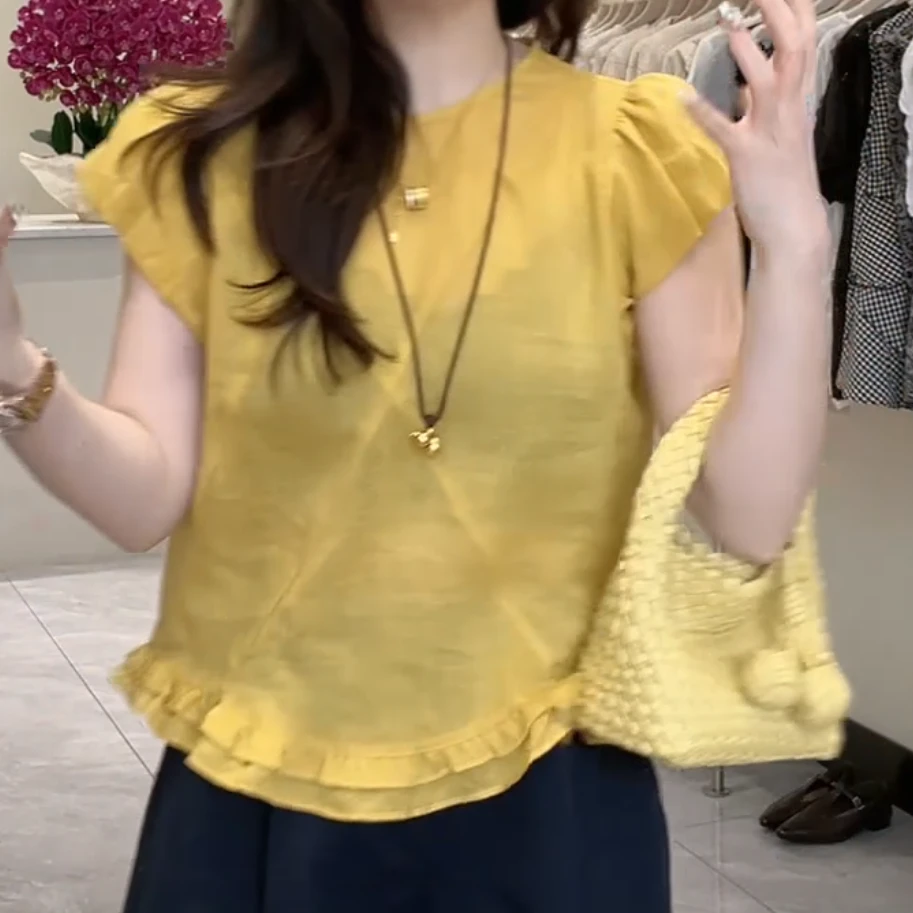 法式荷叶边下摆韩系减龄短袖上衣女2025夏季新款纯色时尚漂亮小衫