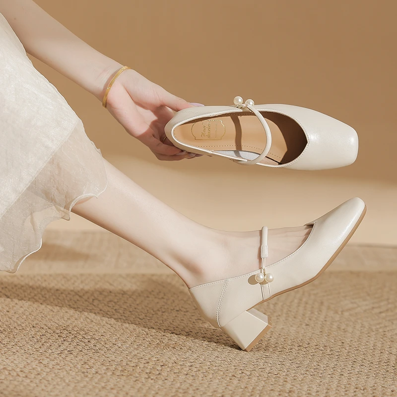 超软~真皮仙女风玛丽珍鞋法式单鞋旗袍鞋一字扣皮鞋裸色高跟女鞋