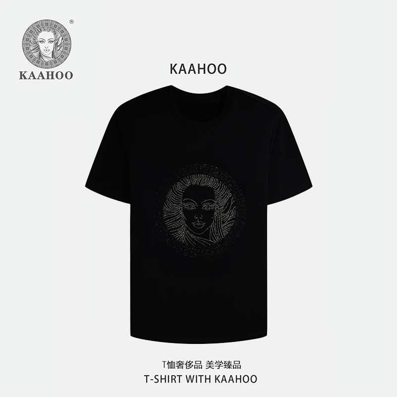 KAAHOO/Maemi夏季新款轻奢男士短袖烫钻T恤时尚宽松百搭T恤黑色