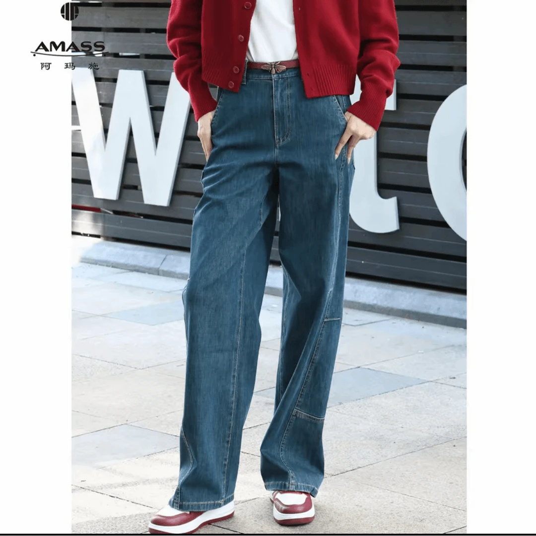 AMASS/阿玛施复古高腰窄版时尚百搭显瘦造型休闲直筒长裤女510032