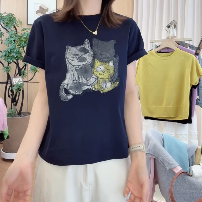 新款韩版百搭修身时尚女卡通猫咪圆领打底短袖T恤LK2502783