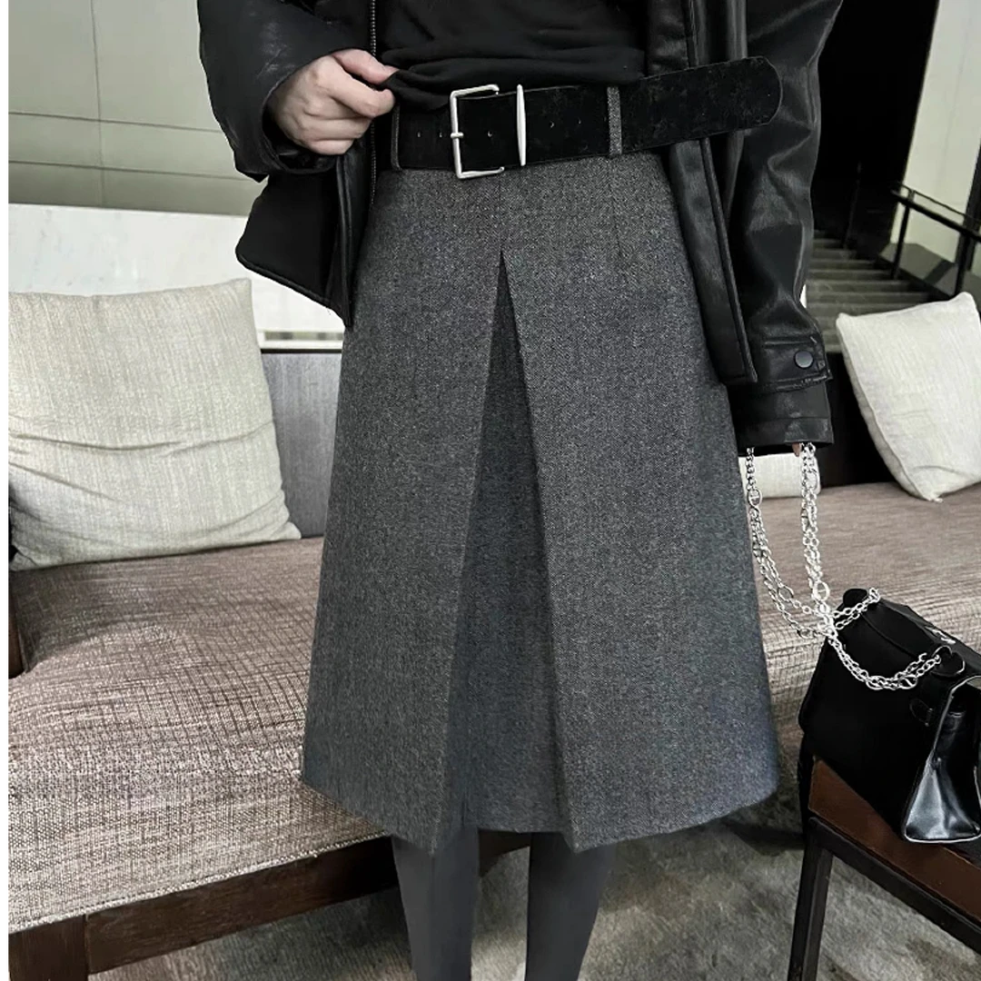 【晨浠定制】高腰加厚毛呢中长a字摆半身裙（配腰带）9612