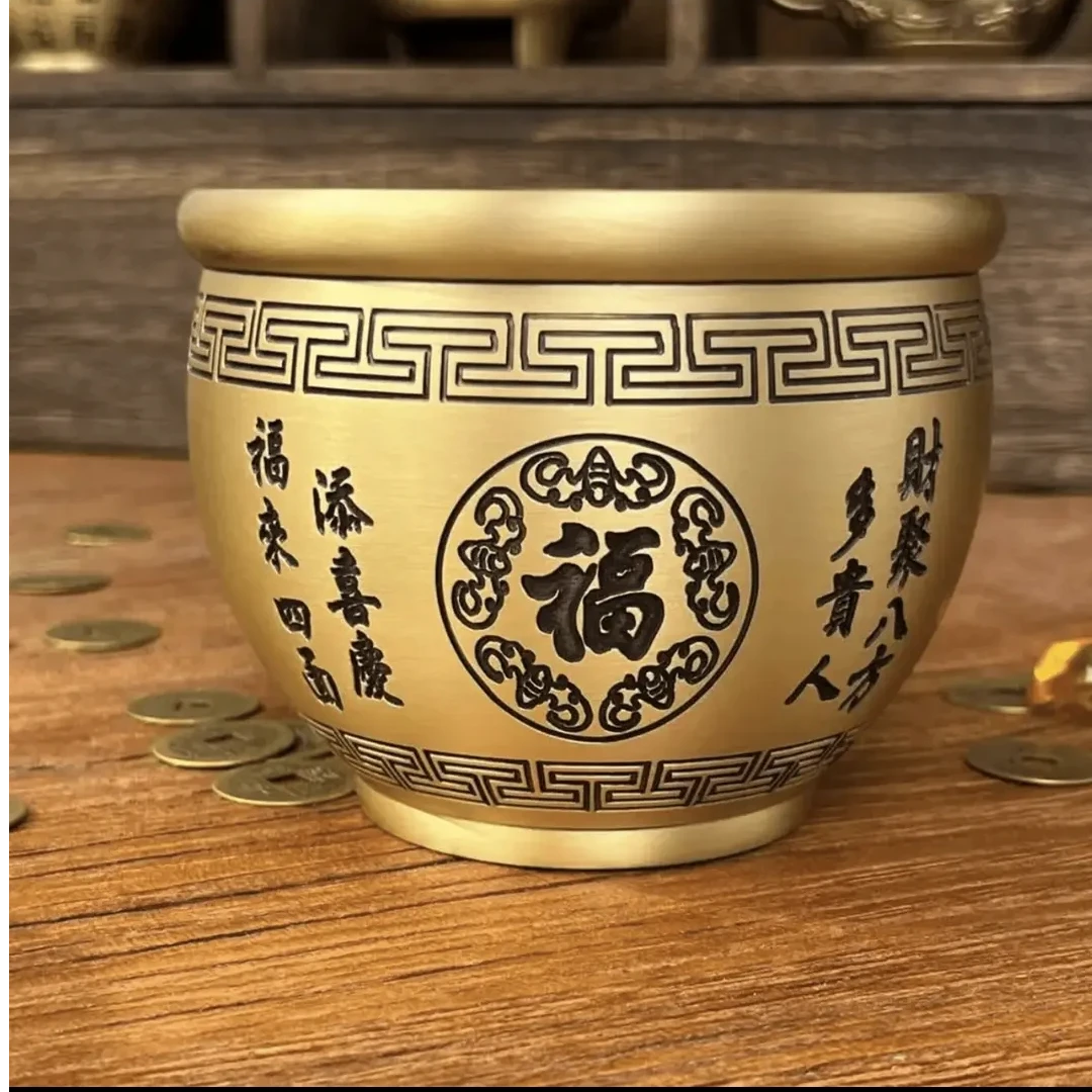 黄铜八宝聚米缸家居办公室店铺摆件铜米缸摆件