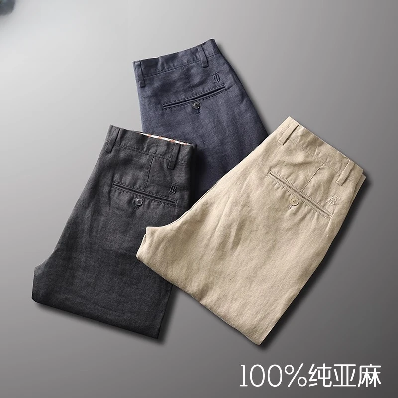 100%纯亚麻休闲裤男士夏季薄款麻裤修身直筒长裤高品质商务棉麻裤