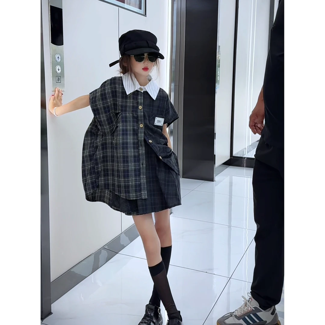 女童夏季套装2025新款儿童洋气格子衬衫牛仔短裤两件套百搭时尚
