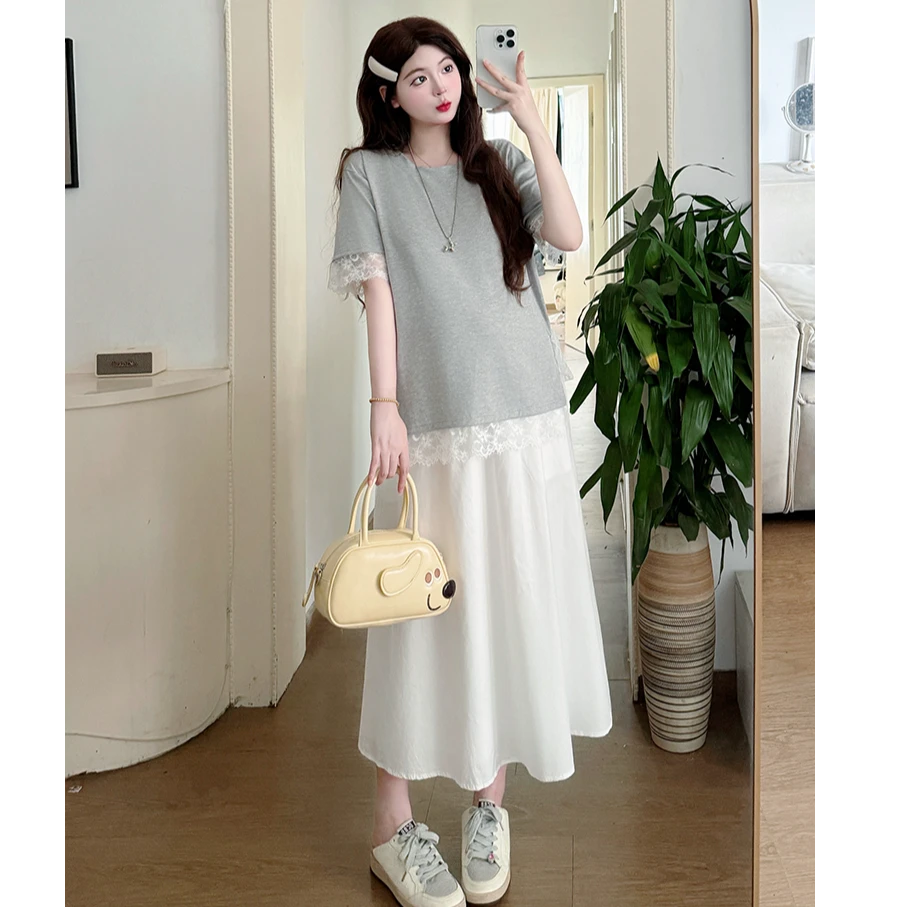 孕妇装夏季套装2025新款拼接蕾丝设计感短袖上衣托腹半身裙两件套