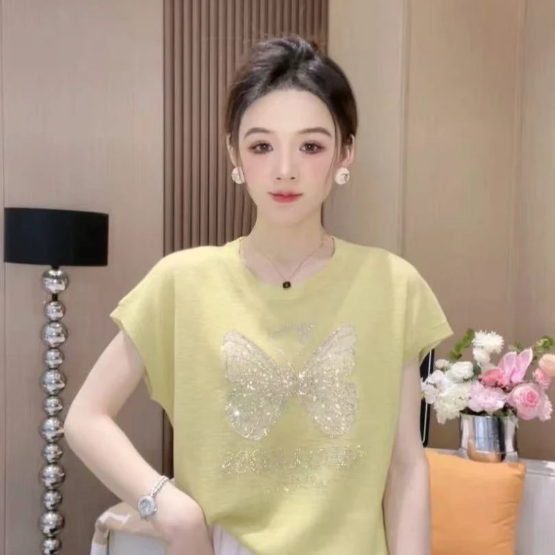 6632【重工小蝴蝶高级感烫钻亮片刺绣新款针织衫】嫩黄色多巴胺上衣