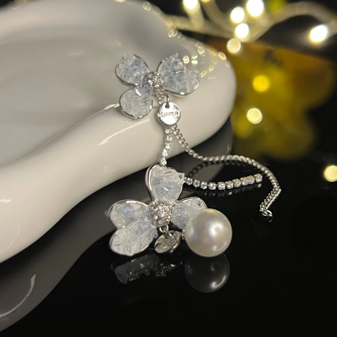 铜合金耳饰 R66【秘密花园】春夏新款湖水蓝滴油不对称流苏珍珠耳环